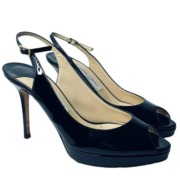 JIMMY CHOO Nova Patent Peep Toe Slingback 100mm Platform Sandal Pumps + Box - Picture 11 of 16